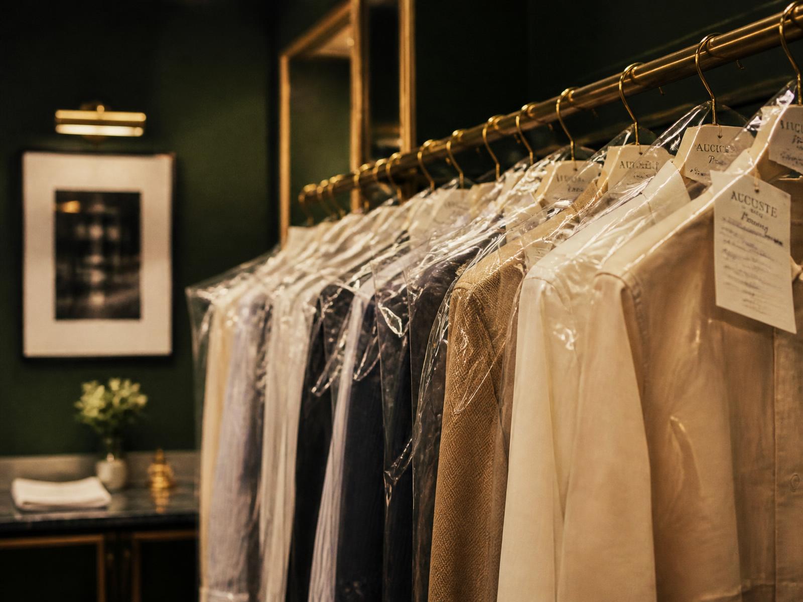 Freshly pressed garments in protective bags hanging on a brass rail at Cedarwood Cleaners