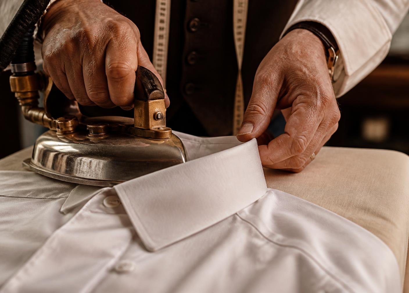 An experienced presser finishing the collar of a white dress shirt